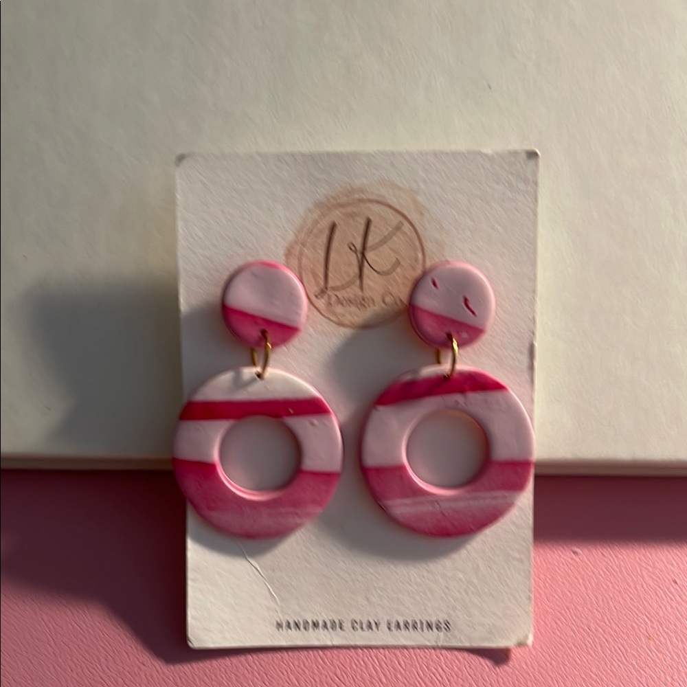 Striped Pink and White Clay Earrings